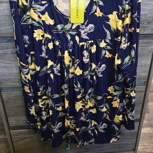 Women's Floral Long Sleeve Top - Navy and Yellow